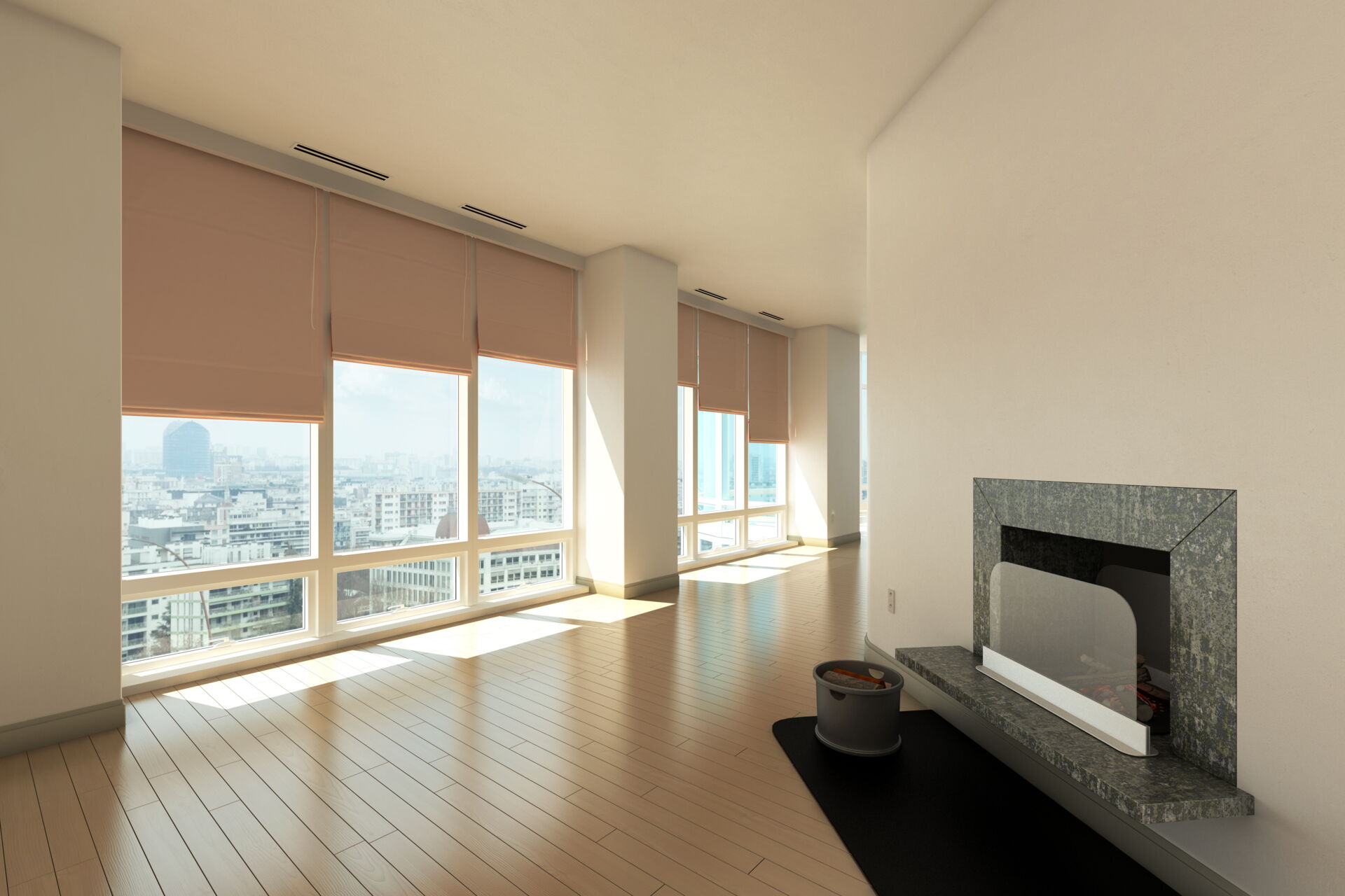 Eine Wohnung mit einer großen Fensterfront und hellen Rollos.