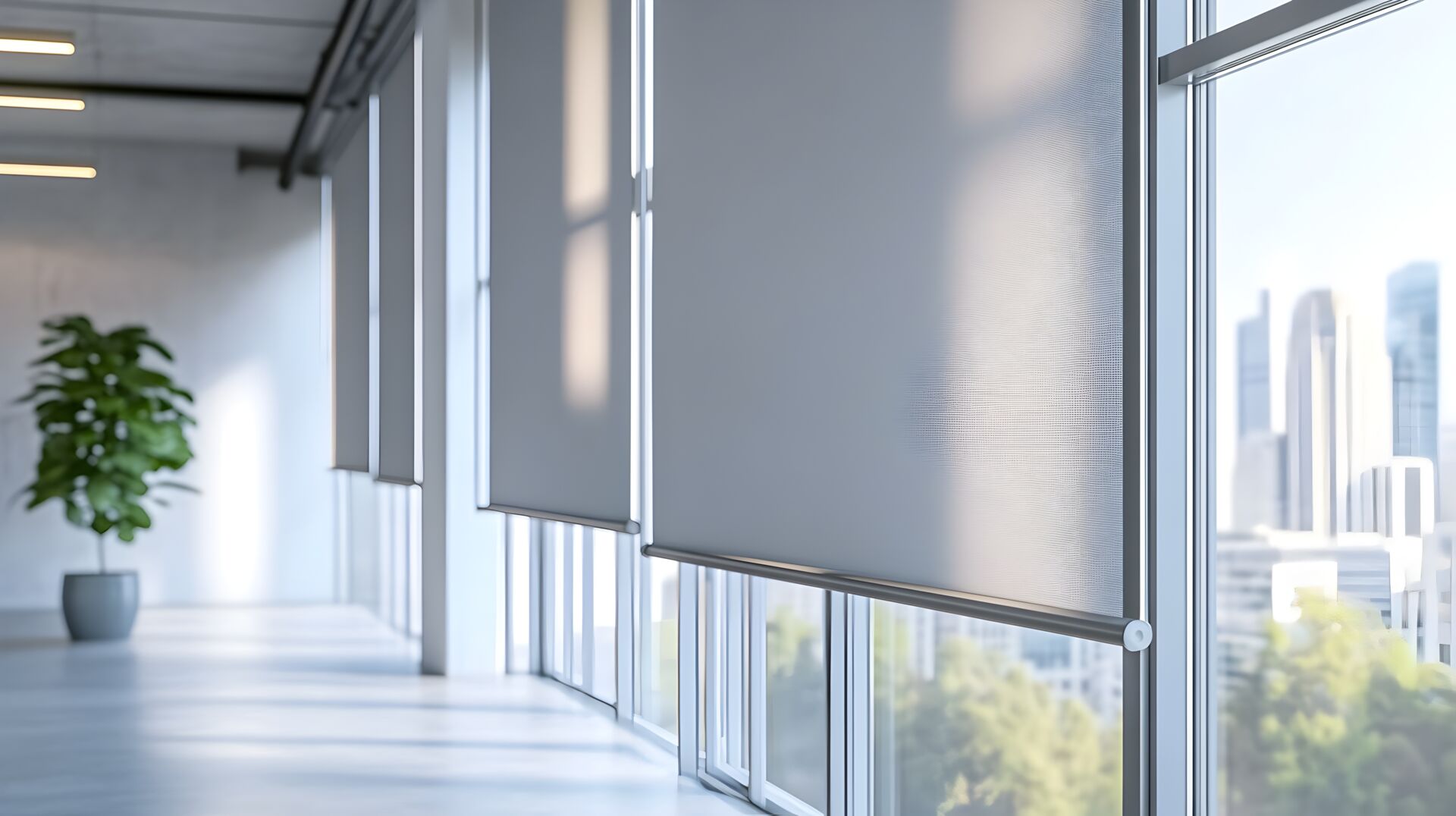 Graue Rollos an einer Fensterfront in einem Büro.